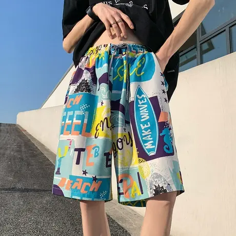 夏季薄款速干沙滩裤男潮流宽松花短裤可下水五分居家休闲大裤衩子商品大图