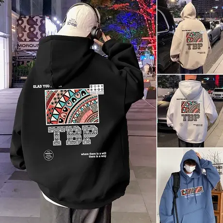 vintage加绒连帽卫衣男潮牌ins秋冬季设计感帽衫男生重磅宽松外套商品大图