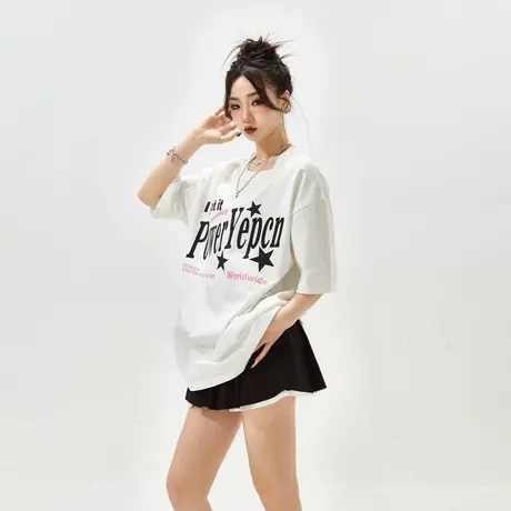 YEP复古白色印花短袖t恤女春夏2024新款情侣装宽松oversize上衣潮图片