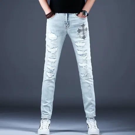 刮烂破洞烫钻牛仔裤男款浅色时尚裤子潮流男士2024新款春秋季高端商品大图