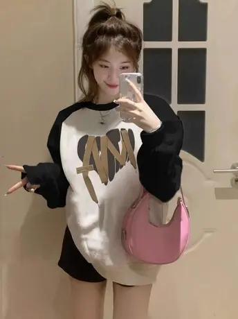 圆领插肩袖卫衣女春秋小众设计感潮牌宽松慵懒风美式复古无帽上衣图片