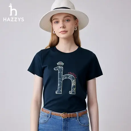 【商场同款】Hazzys哈吉斯纯棉印花短袖T恤女士夏季新款圆领体恤图片