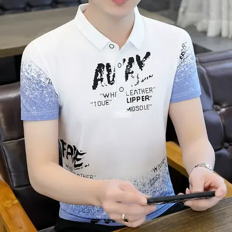 潮流短袖男T恤修身翻领刺绣polo衫社会青年半袖上衣男渐变色夏t恤图片