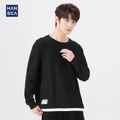 汉斯卡圆领卫衣男秋冬季潮流宽松百搭上衣2021年新款纯色内搭外套商品大图