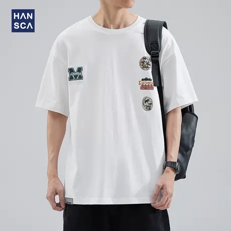 hansca 白色短袖t恤男圆领纯棉夏季潮牌大码美式宽松休闲印花上衣商品大图