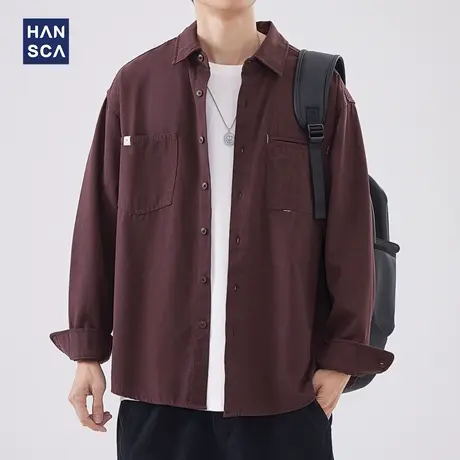 hansca纯色翻领长袖衬衫男春季新款日系简约复古宽松休闲衬衣外套图片