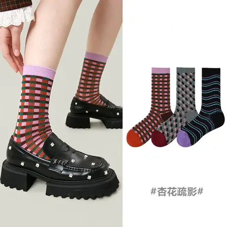 秋冬款2023女袜拼色条纹设计中筒袜精梳棉3双组合装ins潮加厚袜子商品大图
