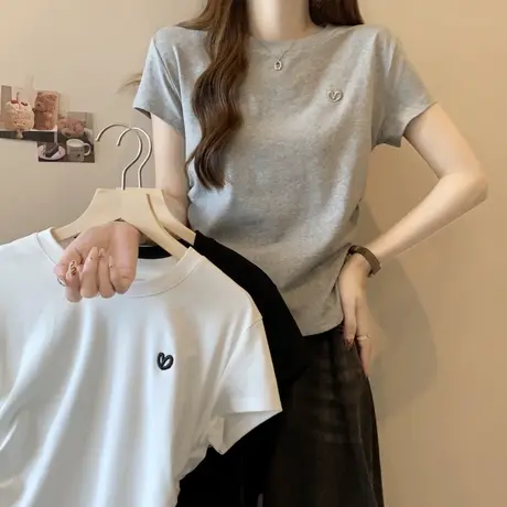 2024新款爱心刺绣半袖T恤女夏小个子短款打底衫修身褶皱短袖上衣商品大图