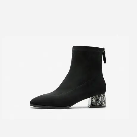 Nine West/玖熙2023年冬季新款高跟短靴女方头绒面时装靴子瘦瘦靴图片