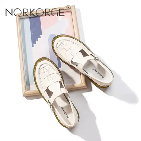 经典米白色真皮编织厚底软面乐福鞋图片