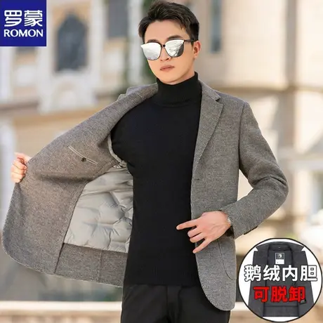 罗蒙秋冬男士手工羊毛双面呢大衣商务休闲羽绒内胆毛呢西服外套男图片