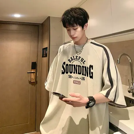 短袖T恤男2023年夏季新款透气简约条纹拼接运动半袖潮流休闲上衣商品大图