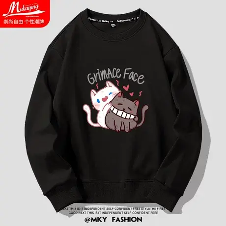 日系卡通可爱猫咪印花圆领卫衣男春秋款宽松休闲简约百搭情侣装潮图片