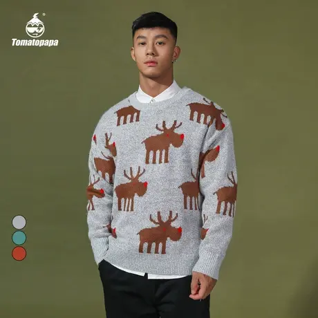 TOMATOPAPA秋冬原创小鹿卡通圆领针织衫保暖恒温长袖毛衣男士秋衣商品大图