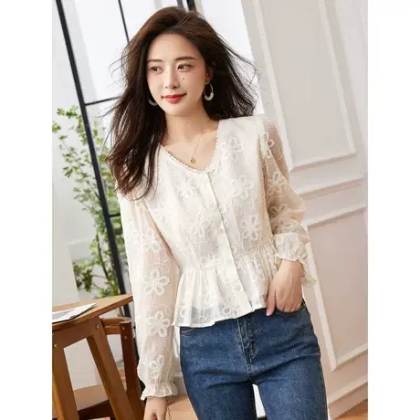 时尚气质设计感刺绣长袖衬衫女士2023年早秋季新款百搭温柔淑上衣商品大图