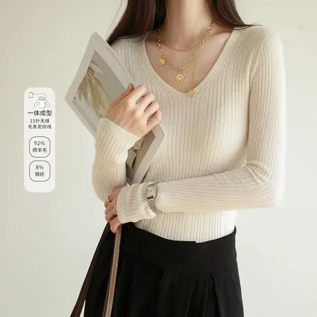 羊毛针织衫女2023秋季薄款上衣v领套头打底衫内搭毛衣短款商品大图