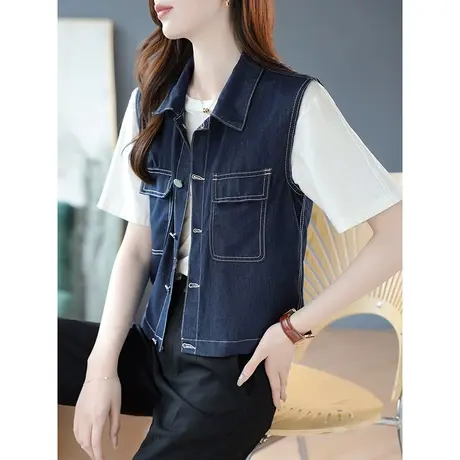 宝诗黎翻领短款牛仔马夹外套女2023早秋新款明线外搭上衣无袖坎肩商品大图