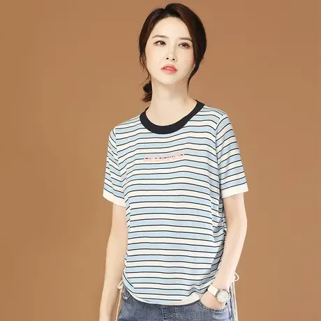 韩潮袭人圆领条纹短袖针织衫女2023夏新款宽松休闲百搭套头上衣薄商品大图