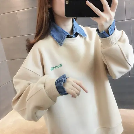 早秋polo领牛仔衬衫拼接卫衣女装2023年新款春秋薄款韩版洋气上衣商品大图