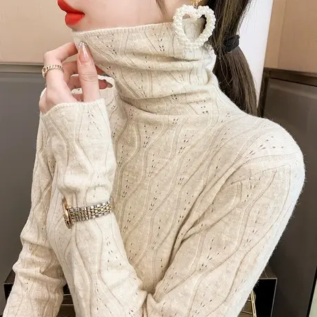 高领毛衣女套头2023秋冬新款韩版堆堆领针织衫镂空上衣内搭打底衫图片