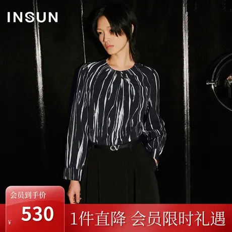 恩裳COVER2023秋季新款设计感褶裥交叠设计水滴镂空温婉圆领衬衫商品大图