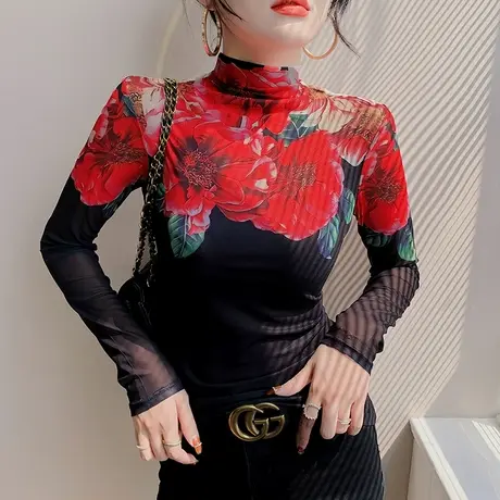 半高领打底衫女春秋2023新款加绒印花气质上衣性感网纱长袖T恤ins商品大图