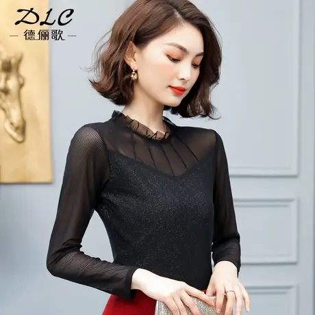 蕾丝打底衫女秋冬2023新款黑色洋气网纱上衣百搭显瘦高领内搭T恤商品大图