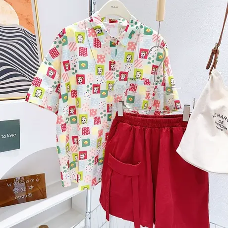 日系软妹童趣可爱花衬衫~夏季港风复古学院风短袖衬衣宽松多巴胺图片