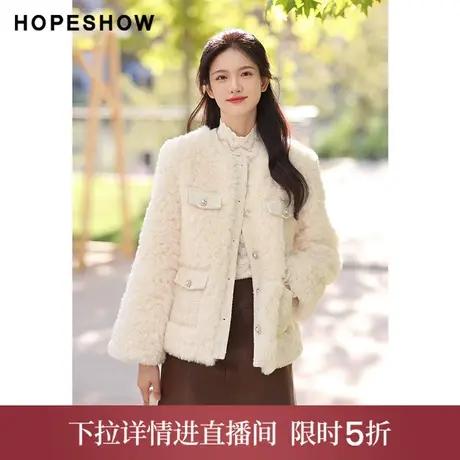 【直播专享】冬季香风单排扣圆领仿羊毛皮草外套90122360401红袖商品大图