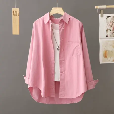 粉色设计感小众衬衫女叠穿外搭衬衣开衫宽松中长款上衣春秋打底衫图片