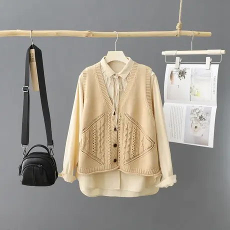 春装新款文艺复古衬衫针织马夹两件套女休闲百搭马甲衬衣套装上衣图片