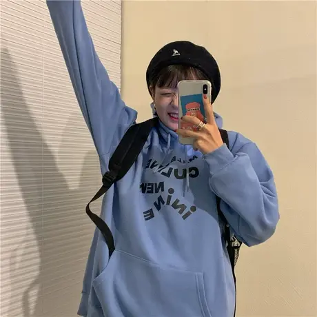 新款韩版冬装盐系少女百搭宽松oversize慵懒风连帽卫衣女外套ins图片