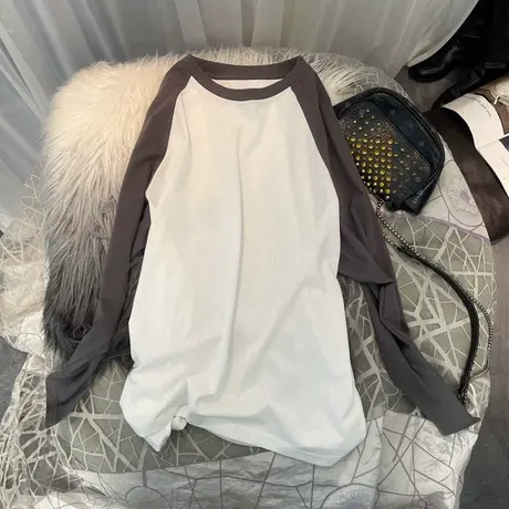 插肩袖透气棉拼色打底衫女2023春秋新款宽松长袖上衣显瘦韩国T恤商品大图