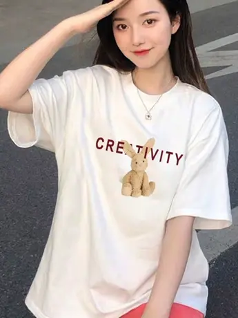 正肩短袖t恤衫2023年夏装新款创意时尚宽松上衣女士洋气减龄体恤商品大图