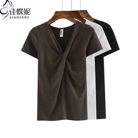 夏季新款韩版纯棉修身显瘦纯色V领褶皱小心机短袖体恤上衣女装图片