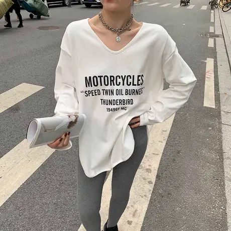 2022早春深v领纯棉白色打底衫chic别致高级感大码微胖mm显瘦上衣图片