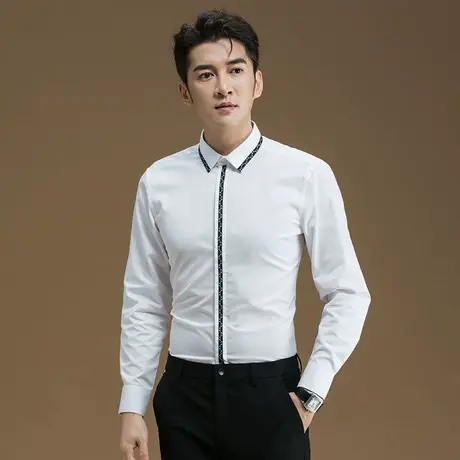 POWO衬衫男暗门襟织带韩版潮流休闲秋季新款商务修身男士长袖衬衣图片