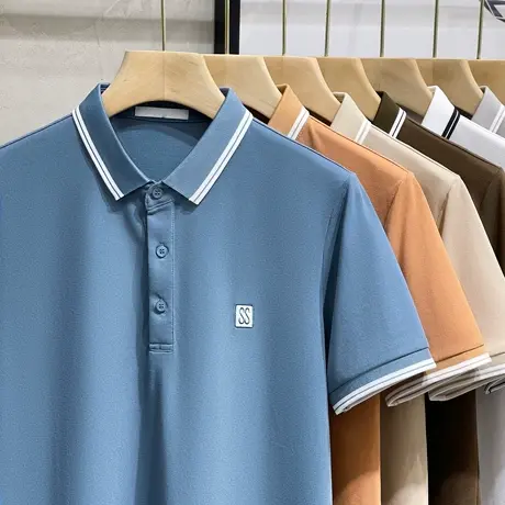 刺绣丝光珠地棉夏季男士条纹领POLO衫商务休闲翻领保罗短袖男T恤商品大图