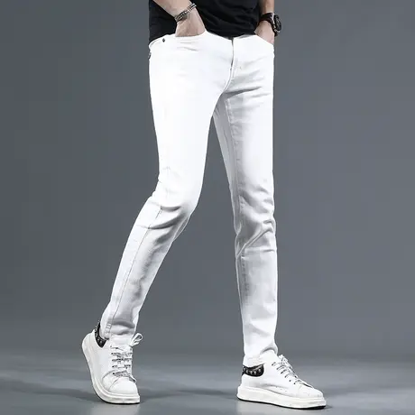 高端白色牛仔裤男2023夏季新款修身小脚弹力男士薄款休闲潮流裤子商品大图