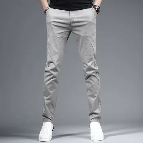 男士休闲裤2023夏季新款浅灰色修身小直筒弹力潮牌潮流薄款裤子男商品大图