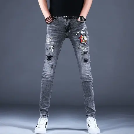 男士破洞刺绣牛仔裤男潮牌2023新款夏季男款灰色修身小脚休闲裤子商品大图