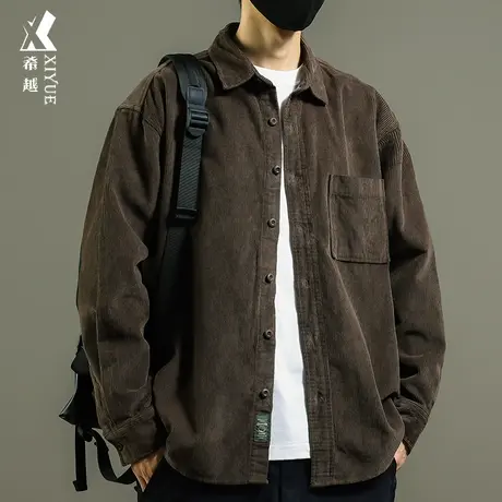希越美拉德灯芯绒衬衫外套男翻领潮流复古水洗衬衣秋季宽松大码棉商品大图