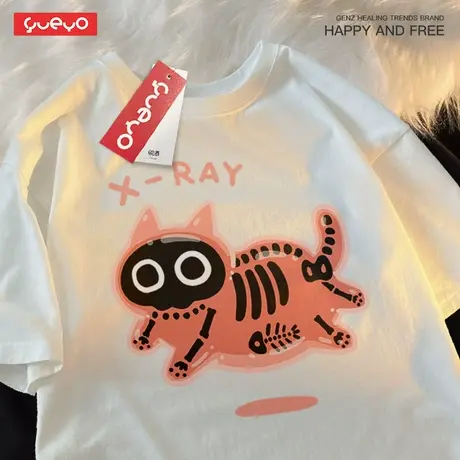 悦游 气泡猫 彩色猫咪短袖纯棉潮流原创卡通ins日系宽松t恤男商品大图