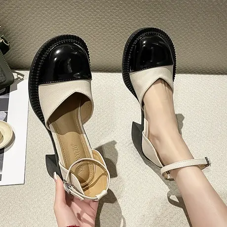 包头凉鞋女中跟2022年夏季新款一字带粗跟网红晚晚风复古玛丽珍鞋图片
