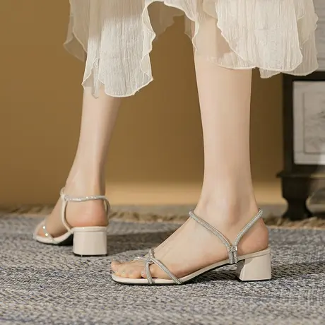 2023夏季新款仙女风百搭高跟鞋女粗跟一字带露趾水钻小众时装凉鞋商品大图