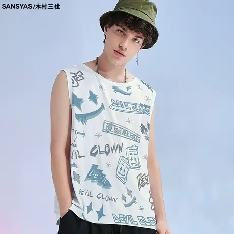 木村三社×SUPERJOKER 美式复古笑脸无袖t恤健身无痕背心高街男图片