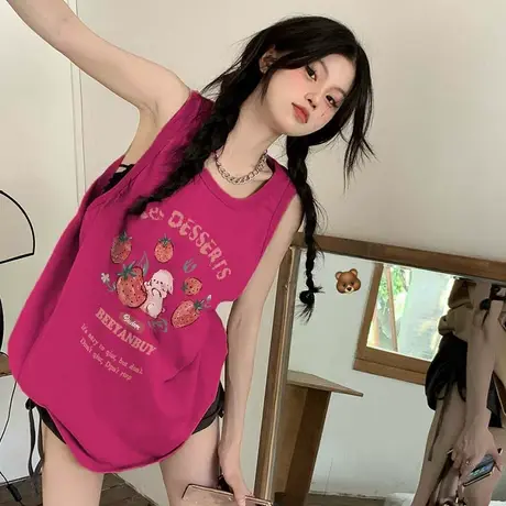 纯棉背心女夏季2023新款吊带无袖t恤运动中长款宽松篮球服上衣服图片