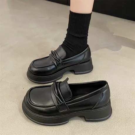 乐福鞋女2024春秋季新款配裙子气质一脚蹬单鞋粗跟黑色韩系小皮鞋图片