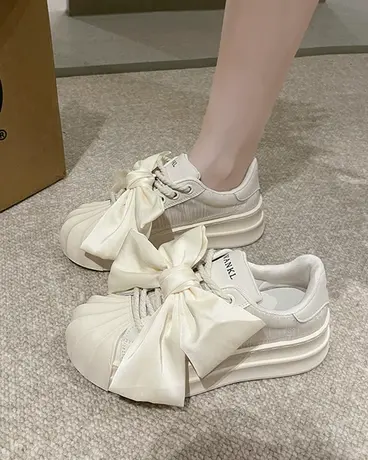 贝壳头板鞋女2023新款夏季透气网面蝴蝶结小白鞋厚底运动休闲女鞋商品大图