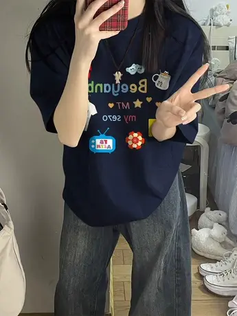 美式趣味印花短袖T恤女夏季大码胖mm宽松显瘦休闲时尚上衣2-300斤商品大图